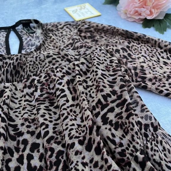 Forever 21 Leopard Print Midi Dress Sheer Crew Neck Long Sleeve - Picture 2 of 6